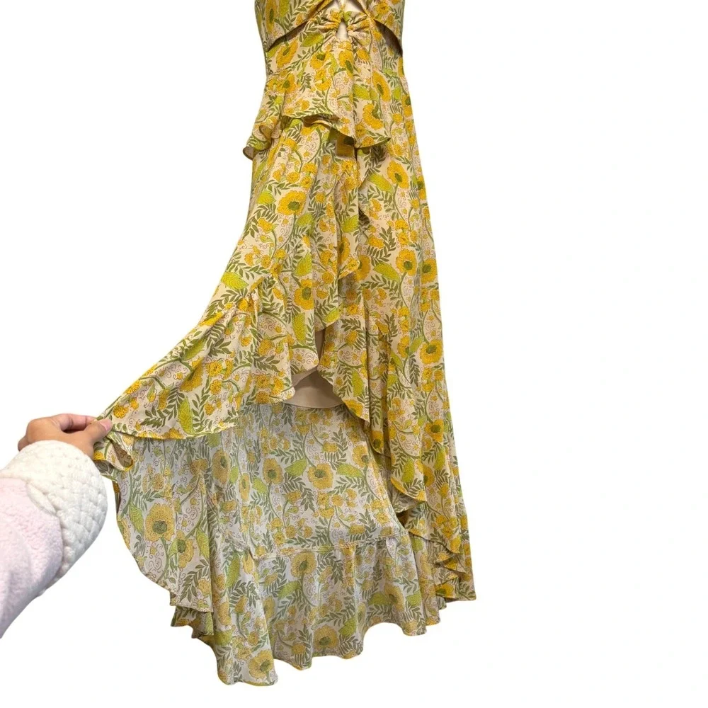 ASTR the Label Maxi Dress Womens XS Yellow Floral Halter Boho Tier Ruffle Flirty